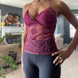 Magenta beaded embroidered backless top